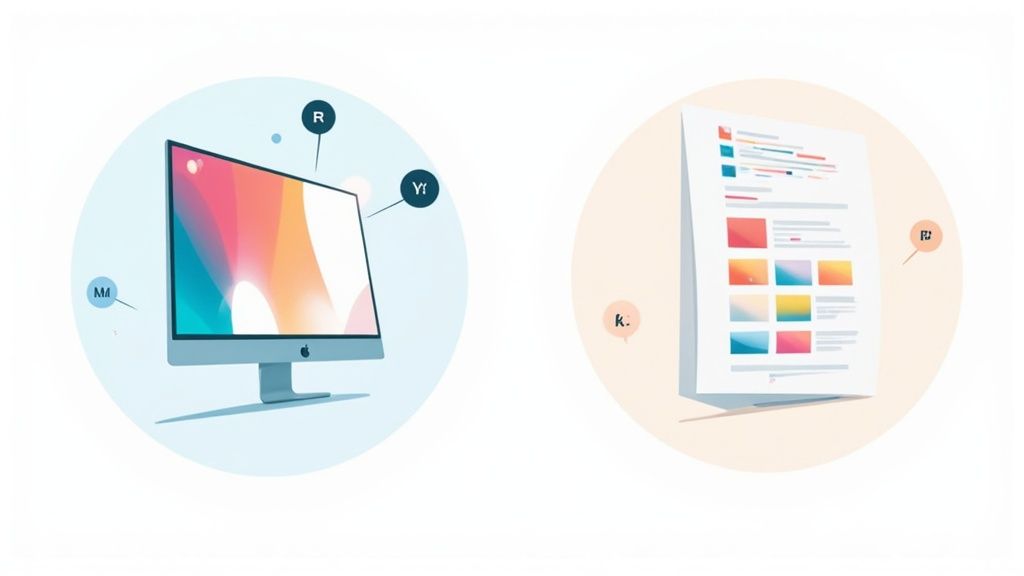 Illustration comparing digital RGB colors on a monitor with print CMYK colors on a document.