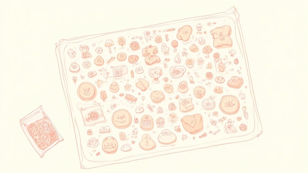 Multiple colorful DTF transfers arranged on a large gang sheet roll ready for printing.