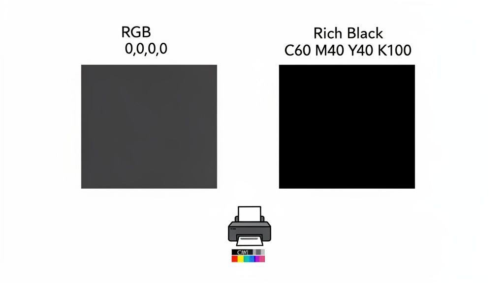 An image comparing RGB 0,0,0 (dark grey) to Rich Black C60 M40 Y40 K100 (deep black) for print, with a printer icon.