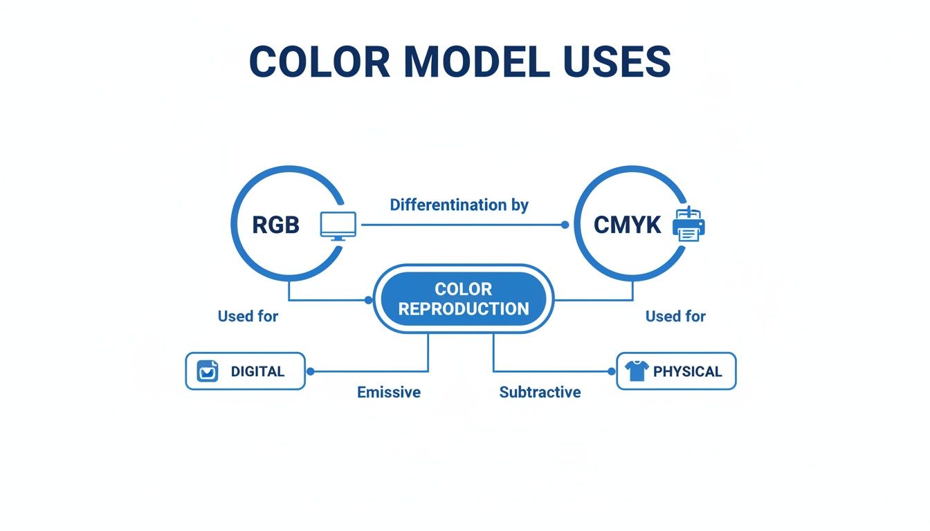 Diagram explaining RGB and CMYK color model uses for digital and physical color reproduction.