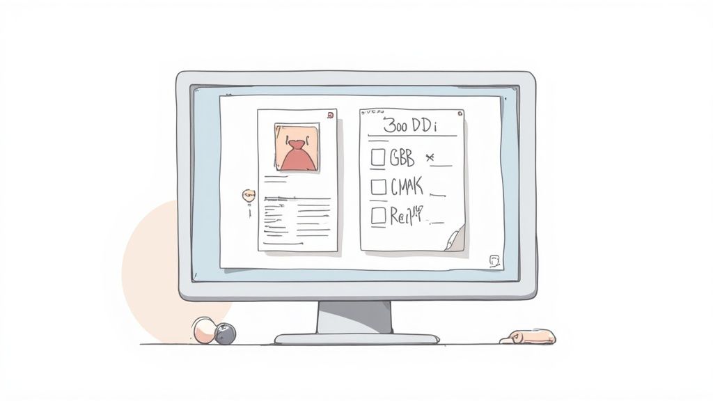 A cartoon illustration of a computer monitor displaying two documents and a checklist.