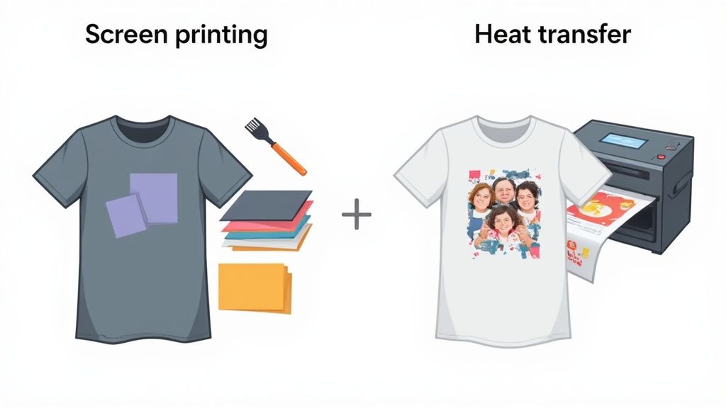 Visual comparison of screen printing and heat transfer methods for t-shirt customization.