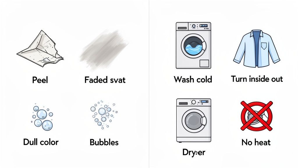Infographic showing laundry care tips like wash cold, turn inside out, and no heat to prevent peeling and fading.