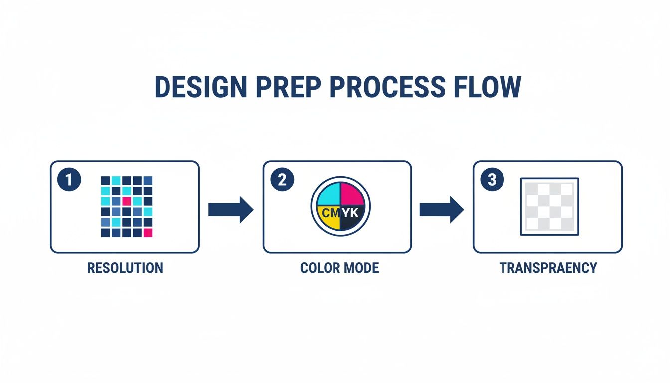 A design preparation process flow illustrating steps for resolution, CMYK color mode, and transparency.