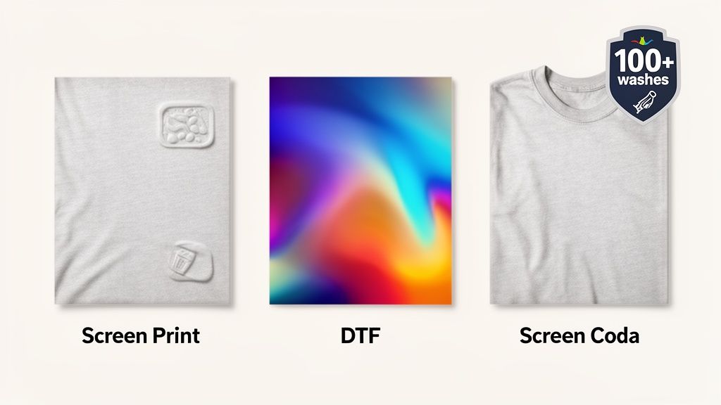Visual comparison of Screen Print, DTF, and Screen Coda garment printing methods, highlighting durability.