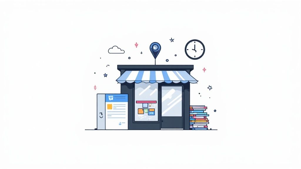 A stylized illustration of a local store with a location pin, clock, and books.