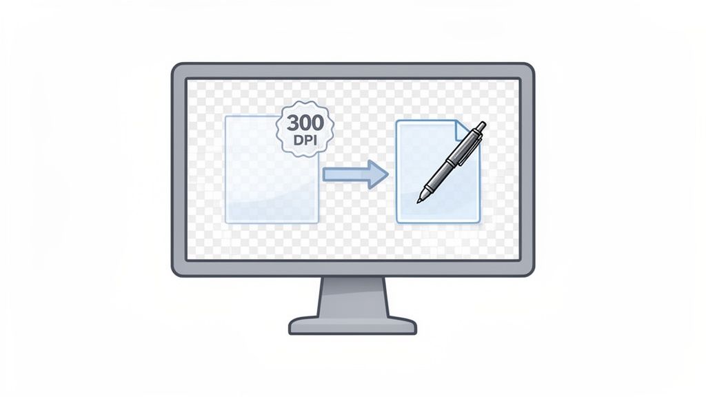 Computer screen shows a document being converted to 300 DPI and then edited with a pen.