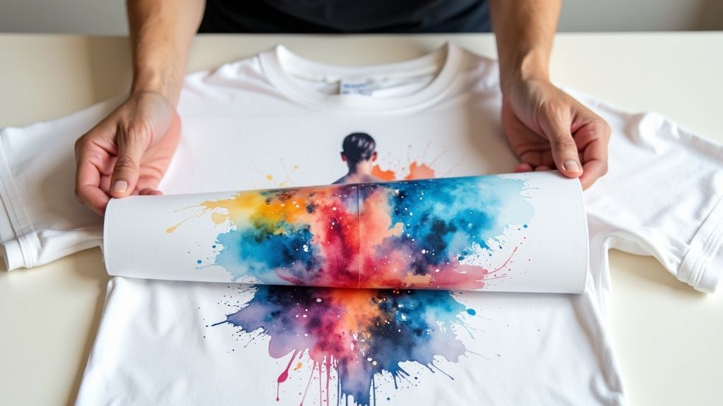 Person applying a DTF ready to press transfer to a black t-shirt with a heat press