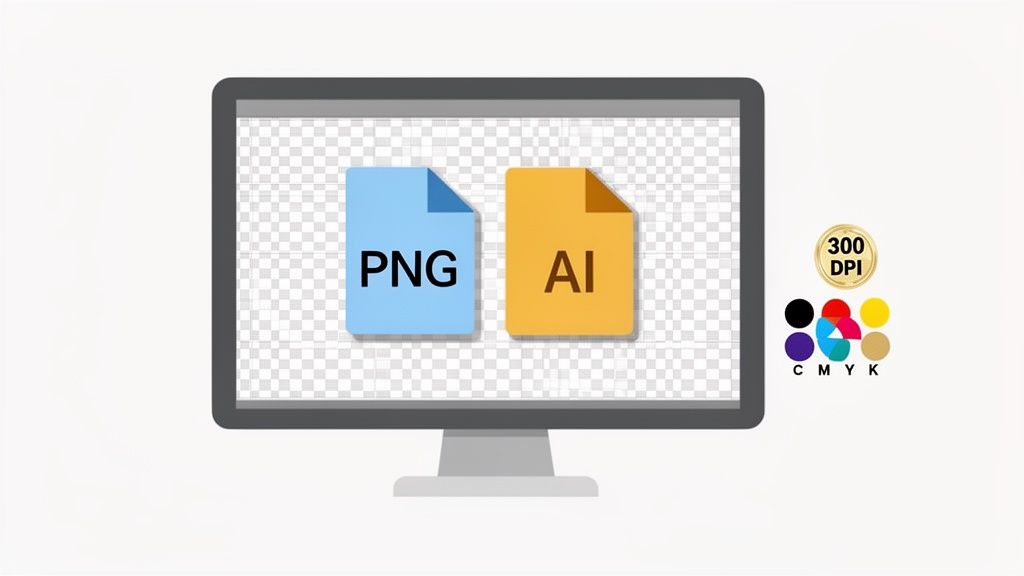 A computer monitor displays PNG and AI file types on a transparent background, along with 300 DPI and CMYK color options.