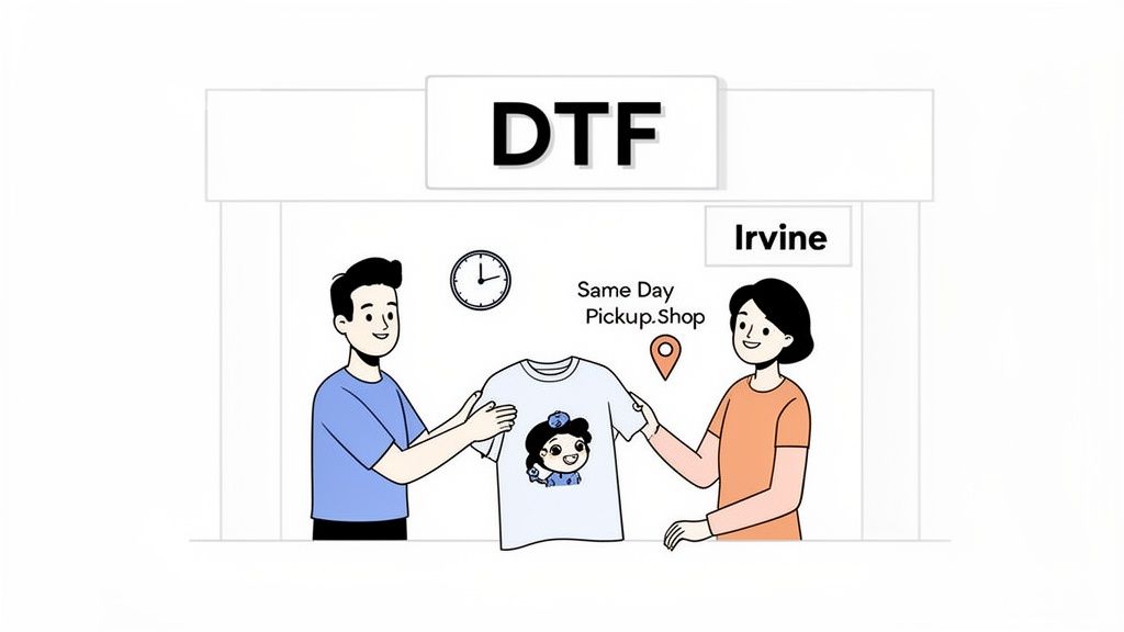 Illustration of two people holding a custom DTF t-shirt with a cartoon character, offering same-day pickup in Irvine.