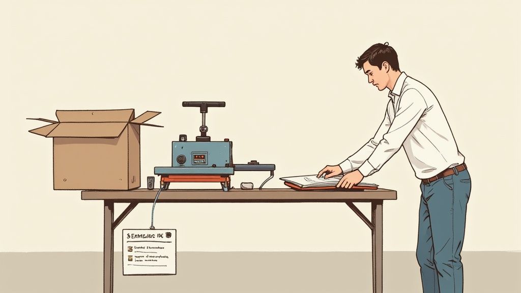 A person operating a heat press machine to apply a design onto a t-shirt.