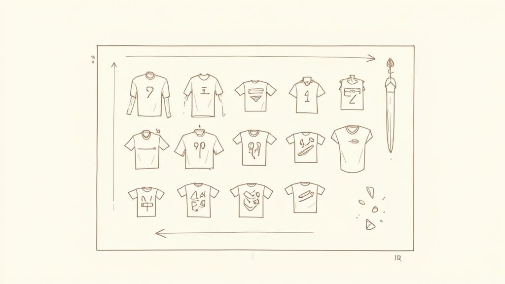 Diagram showing DTF transfer application process with t-shirts arranged in grid and directional arrows