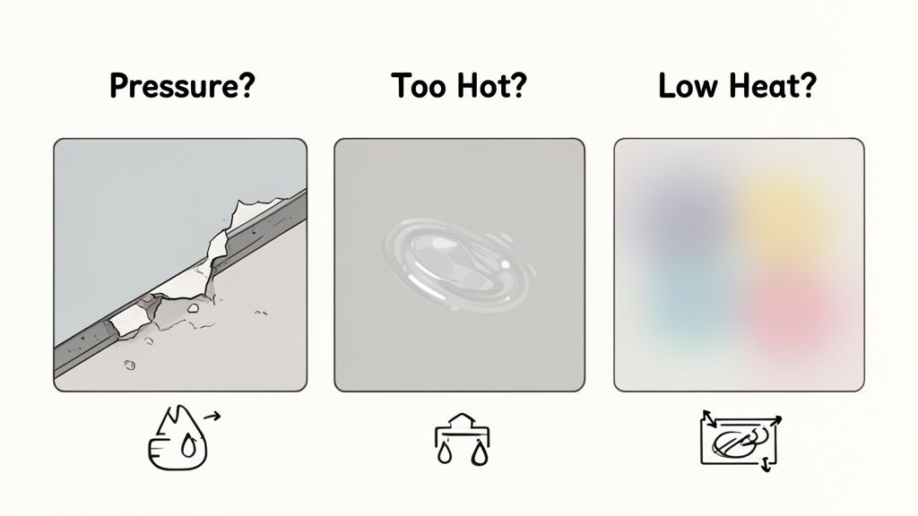 Illustrations depicting issues caused by pressure, high heat, and low heat, with corresponding icons.