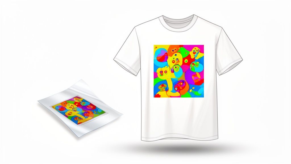 A white t-shirt displays a vibrant, abstract, colorful print, with a matching design on a nearby sheet.
