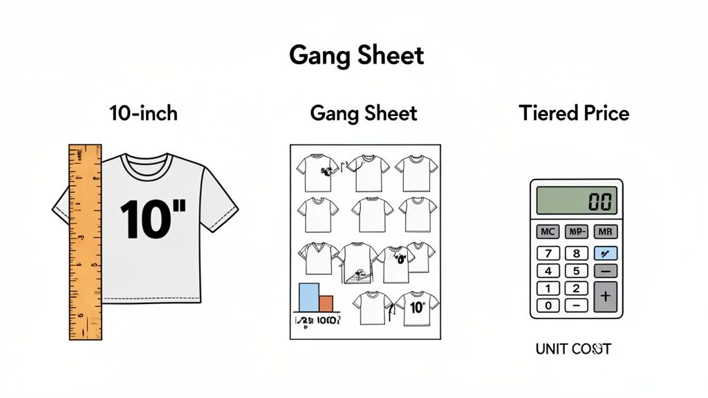 Illustration of custom shirt printing concepts: 10-inch design size, gang sheet layout, and tiered unit cost pricing.