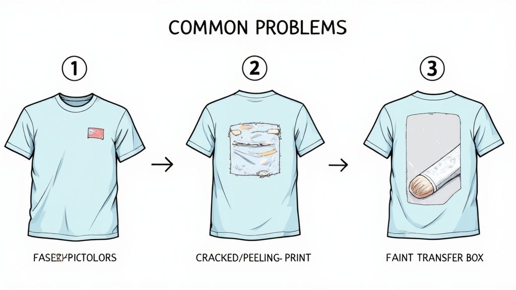 Three common t-shirt printing problems: faded colors, cracked peeling print, and faint transfer box