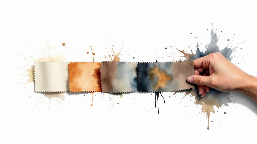 A calculator and a stack of colorful t-shirts, representing the financial comparison between printing methods.