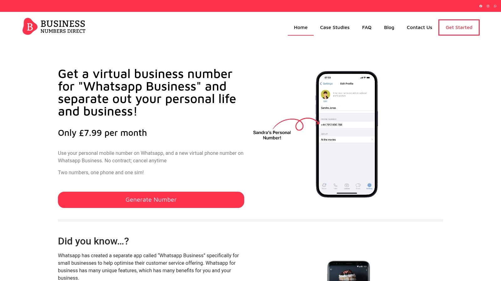 An illustrative image showing a smartphone with the Business Numbers Direct interface, highlighting its seamless integration with WhatsApp Business for professional communication.