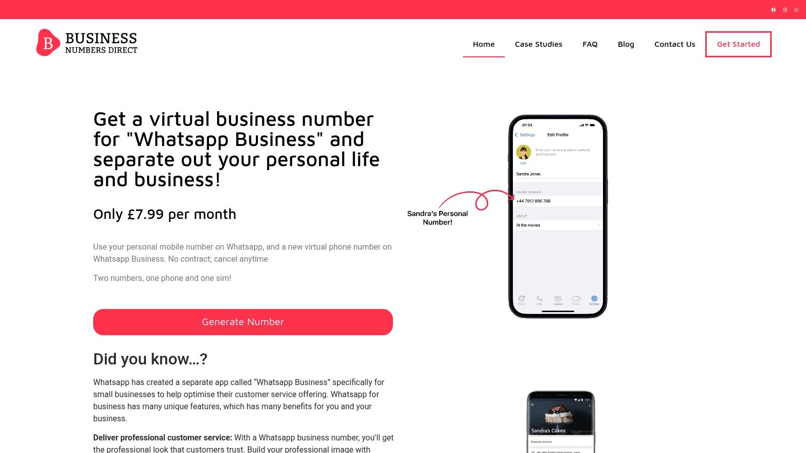 Business Numbers Direct interface showing how to set up a WhatsApp Business account with a new number.