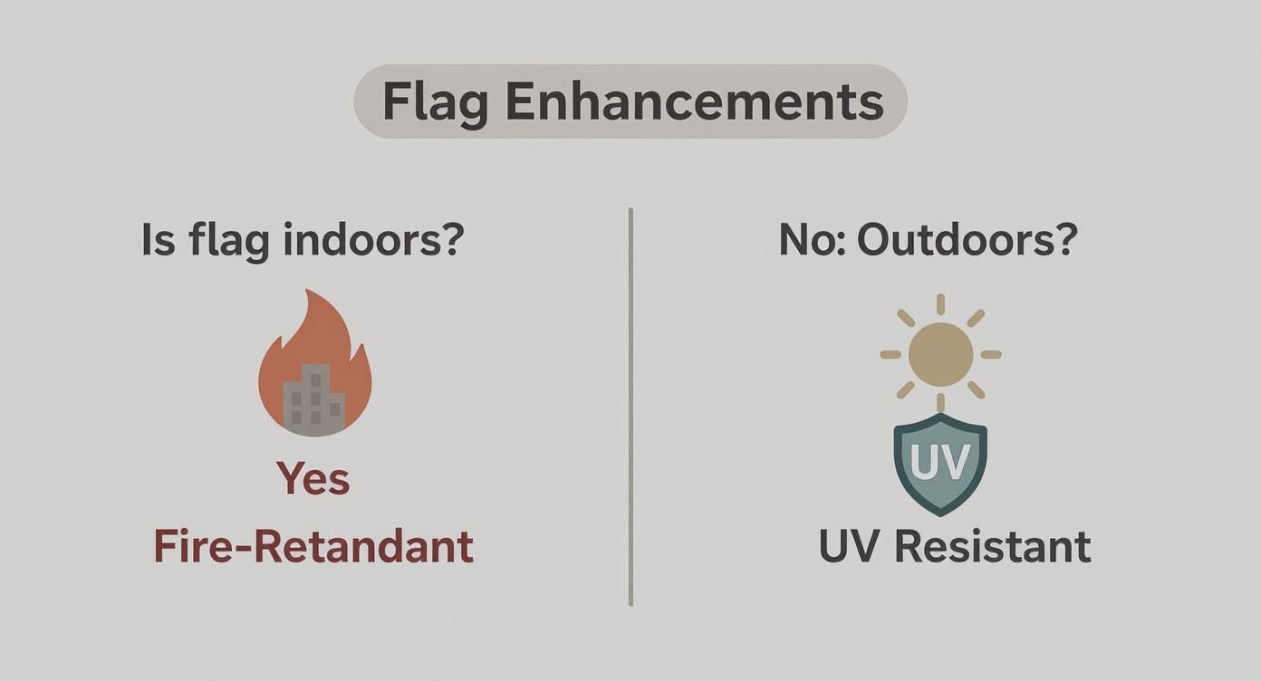 An infographic decision tree showing that indoor flags need fire-retardant treatment, while outdoor flags need UV-resistant treatment.