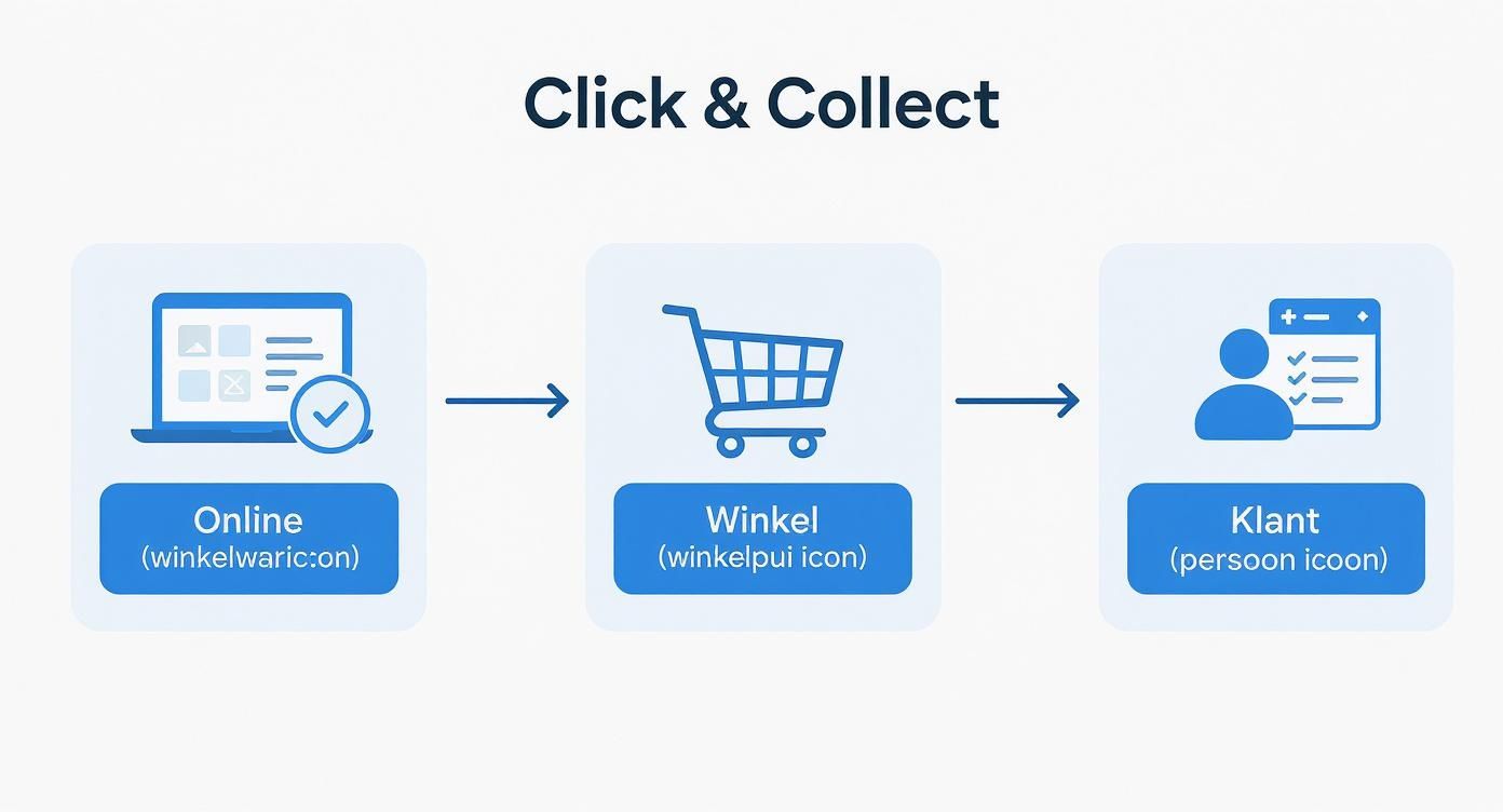 Afbeelding van het Click & Collect proces: online bestellen met laptopicoon, gevolgd door winkelwagen en klant die afhaalt.