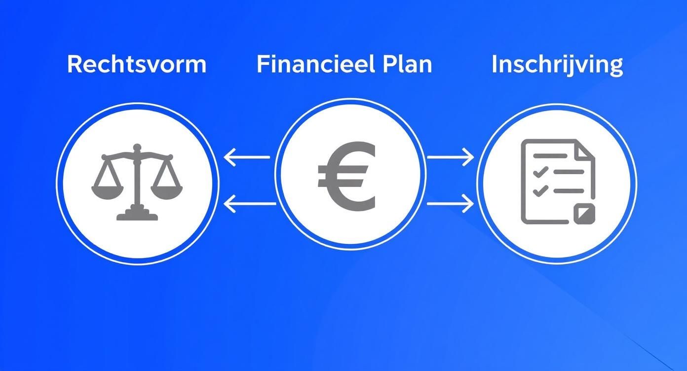 Overzicht van de stappen bij het starten van een eigen zaak: rechtsvorm, financieel plan en inschrijving.