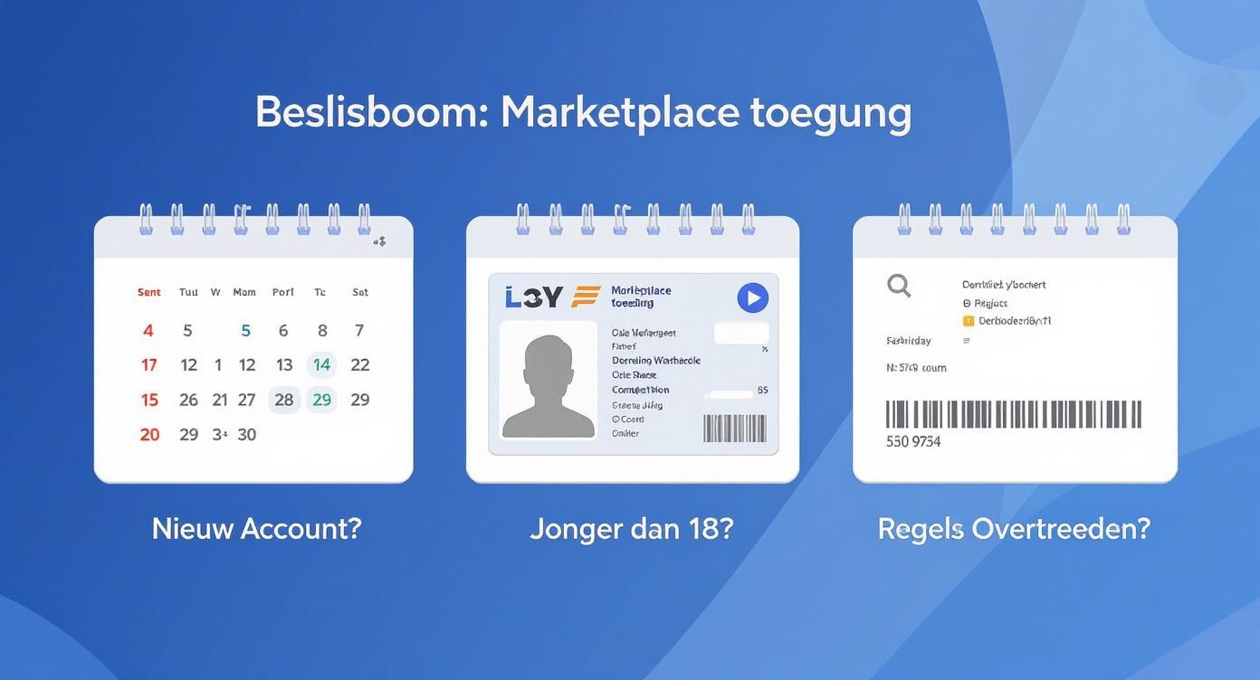 Afbeelding van een beslisboom voor Marketplace toegang, met vragen over leeftijd, nieuw account en overtreden regels.