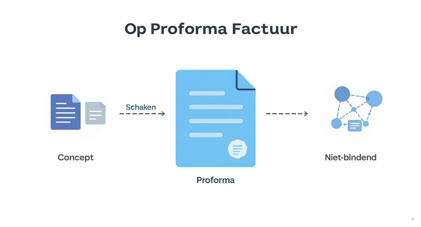 Stroomdiagram dat de overgang illustreert van conceptdocumenten naar een proforma factuur, en vervolgens naar een niet-bindend stadium.