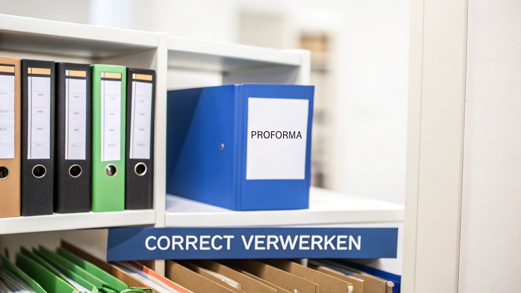 Een geordende plank met mappen, waaronder een blauwe map met 'PROFORMA' en een label 'CORRECT VERWERKEN'.