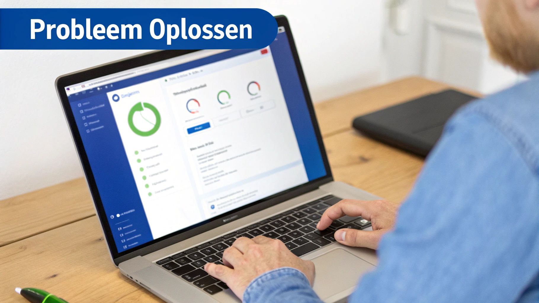 Een persoon lost een probleem op met een laptop, waarop een dashboard met gegevens te zien is.