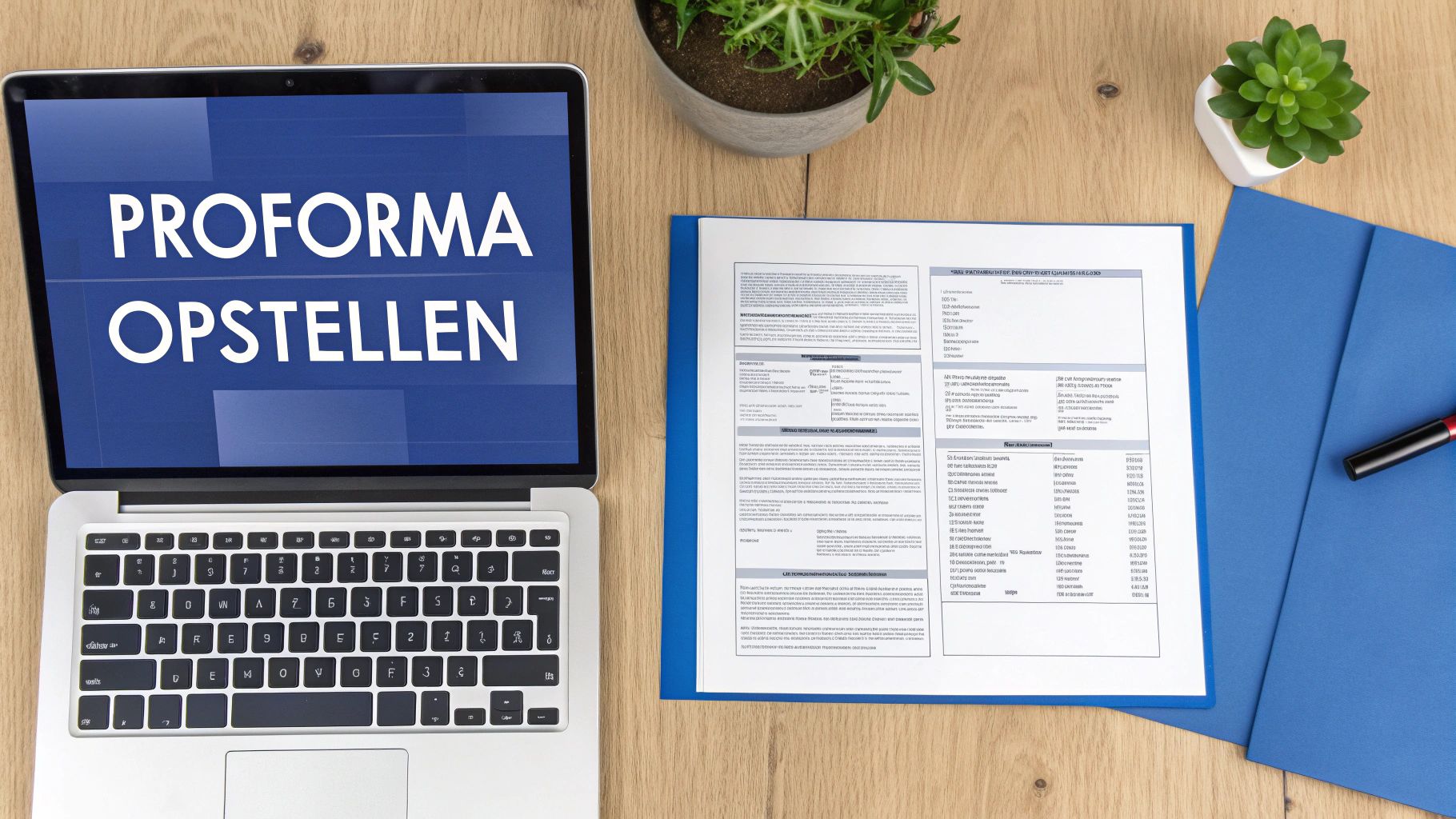 Een laptop met ‘PROFORMA OPSTELLEN’ op het scherm, naast een document en een pen op een houten bureau.