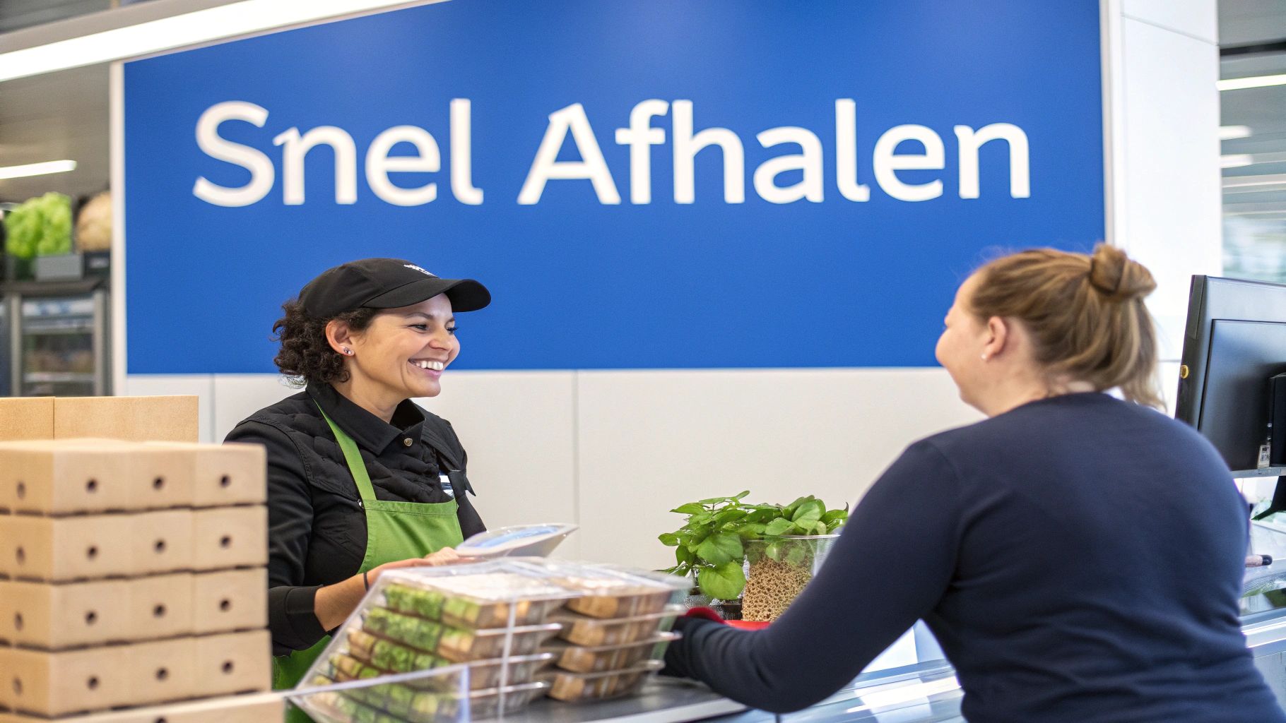 Een glimlachende medewerker overhandigt een bestelling aan een klant bij een afhaalpunt met het bord 'Snel Afhalen'.