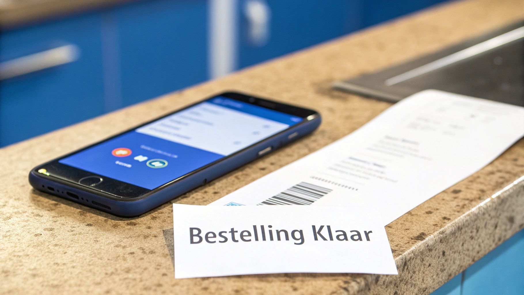 Een smartphone toont een app, naast een kassabon en een briefje met 'Bestelling Klaar'.