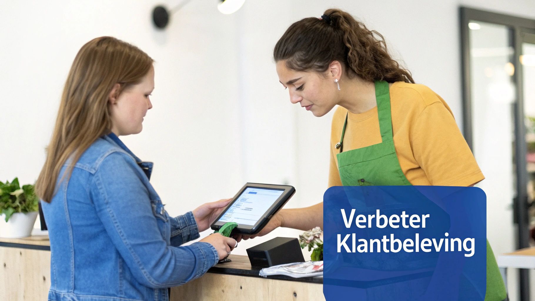 Een klant en winkelmedewerker bij een toonbank, de klant gebruikt een tablet voor een transactie. Verbeter de klantbeleving.