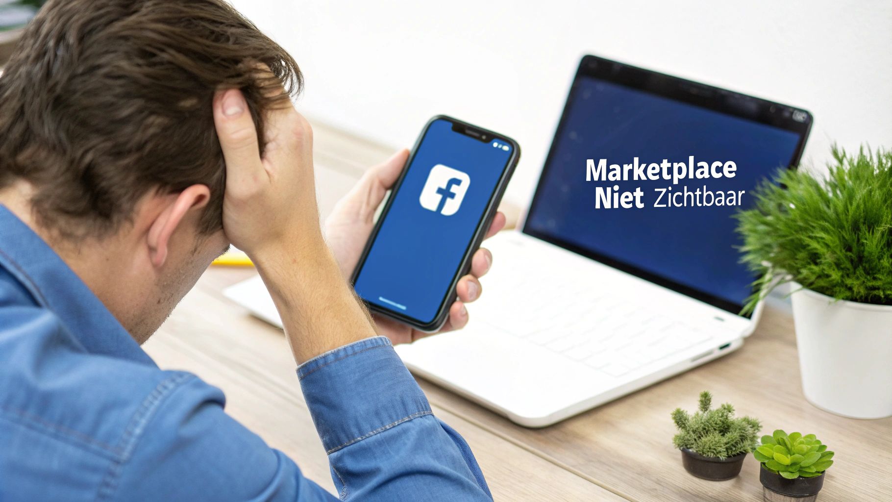 Man gefrustreerd met telefoon en Facebook-app, laptop toont de tekst "Marketplace Niet Zichtbaar".