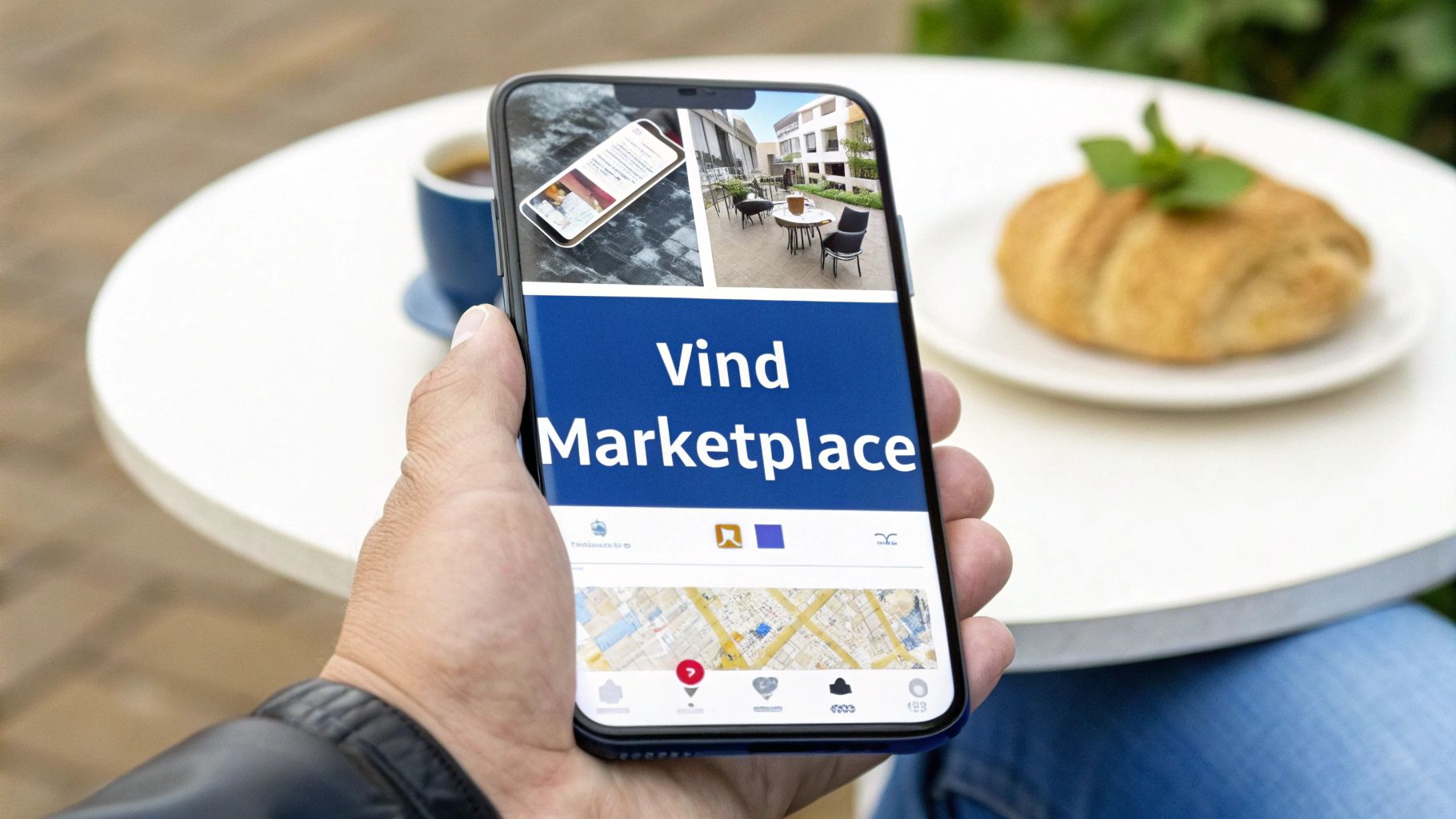 Een hand houdt een smartphone vast met de 'Vind Marketplace' app, koffie en gebak op tafel.