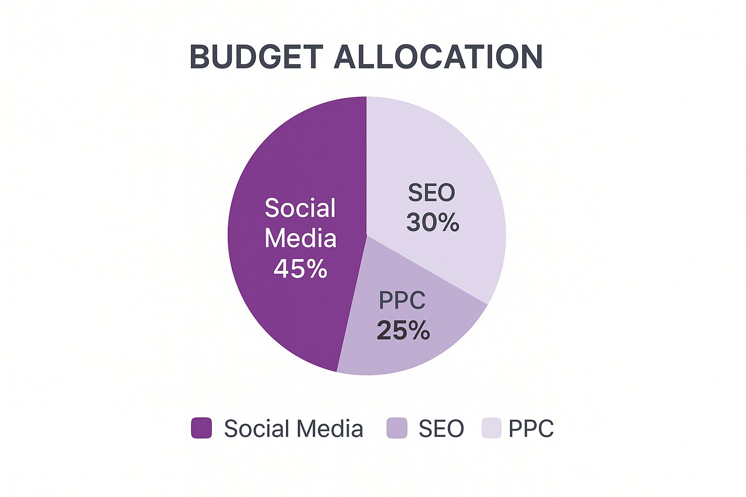 Infographic showing a digital marketing budget split with 35% for Social Media, 30% for SEO, 20% for PPC, and 15% for Content Marketing.