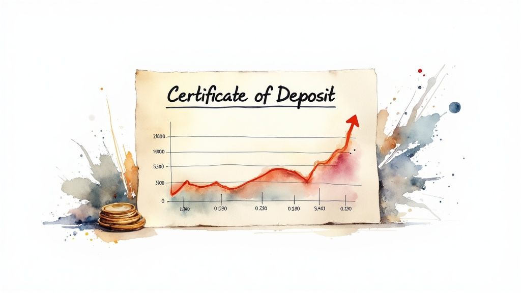 A line graph showing interest rates climbing upwards, with a person looking at it with concern.