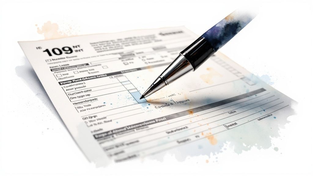 A screenshot of the official IRS Form 1099-INT, showing various boxes for reporting interest income, penalties, and tax withholding.