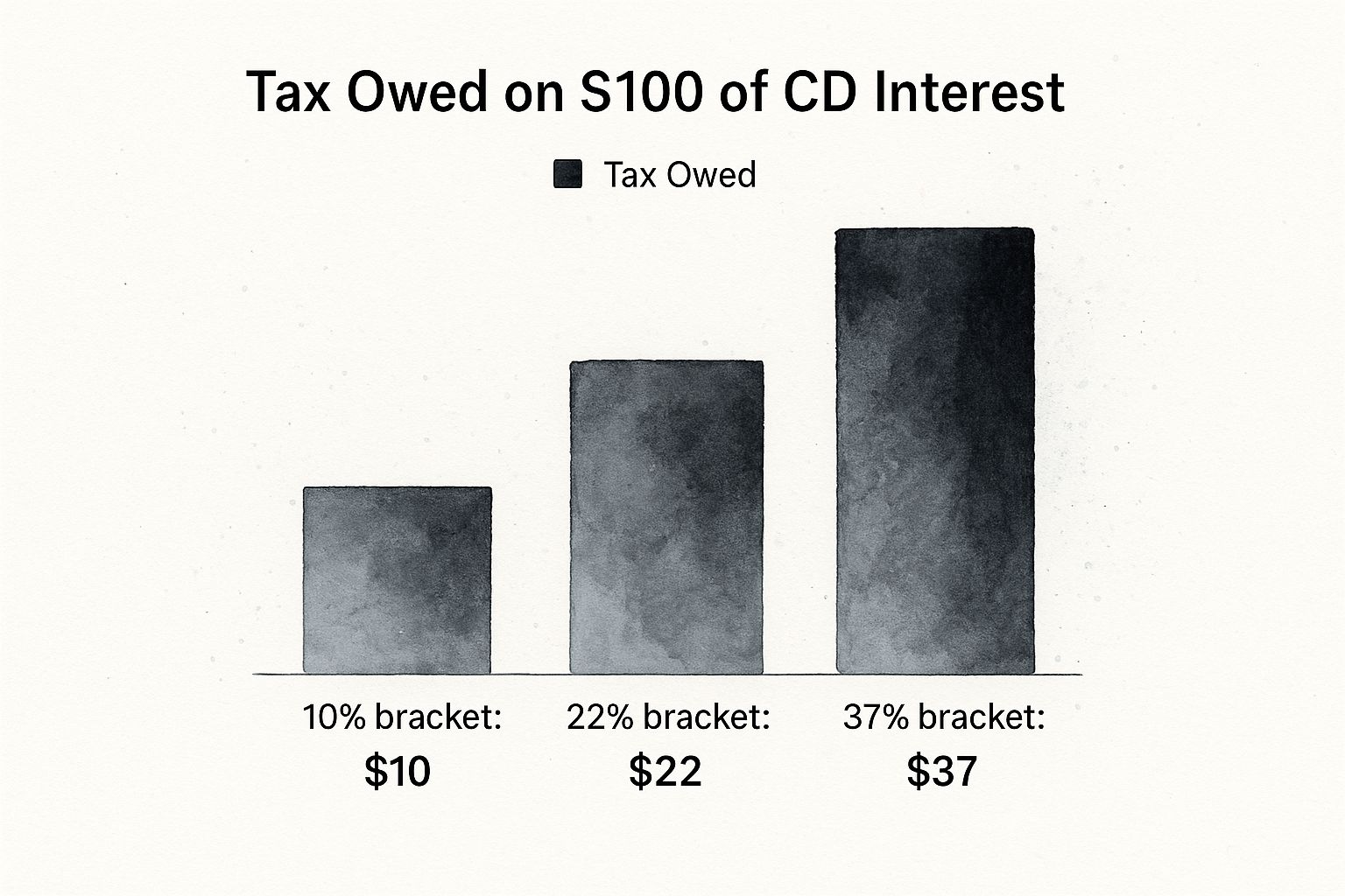 Infographic showing how federal tax brackets affect the tax owed on $100 of CD interest.