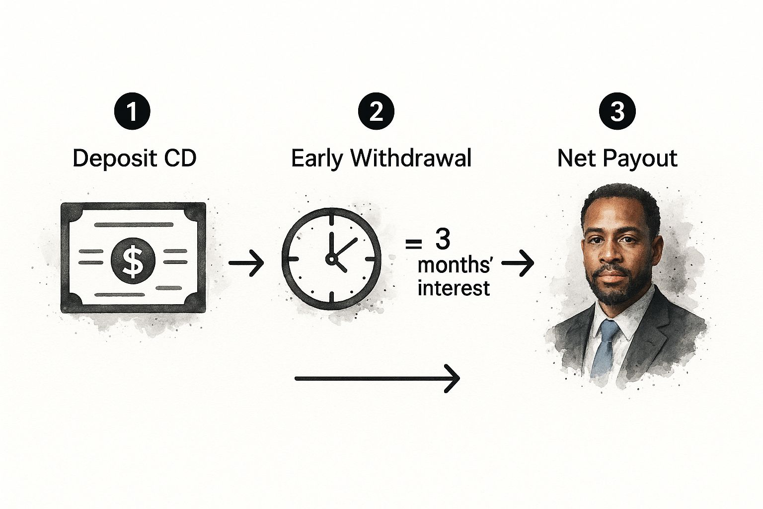An infographic showing how an initial CD deposit is reduced by an early withdrawal penalty, resulting in the final payout amount.