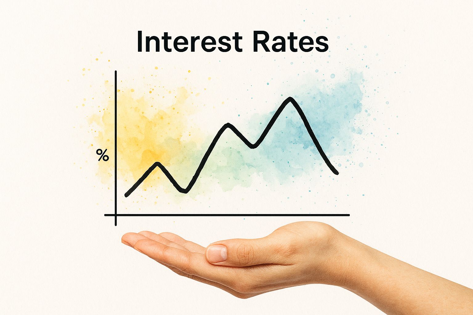 Infographic showing a hand holding a fluctuating line graph labeled 'Interest Rates' with watercolor accents.