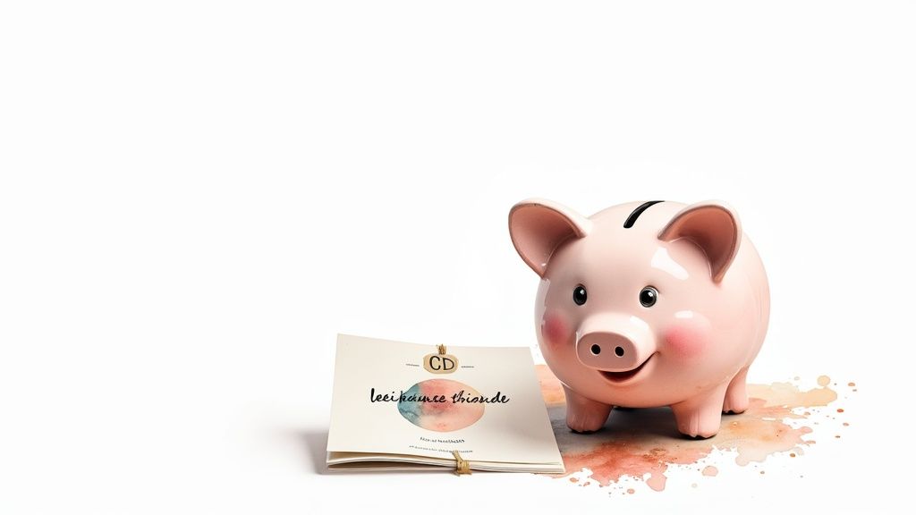 A piggy bank on a wooden table with coins spilling out, symbolizing savings and deposits.