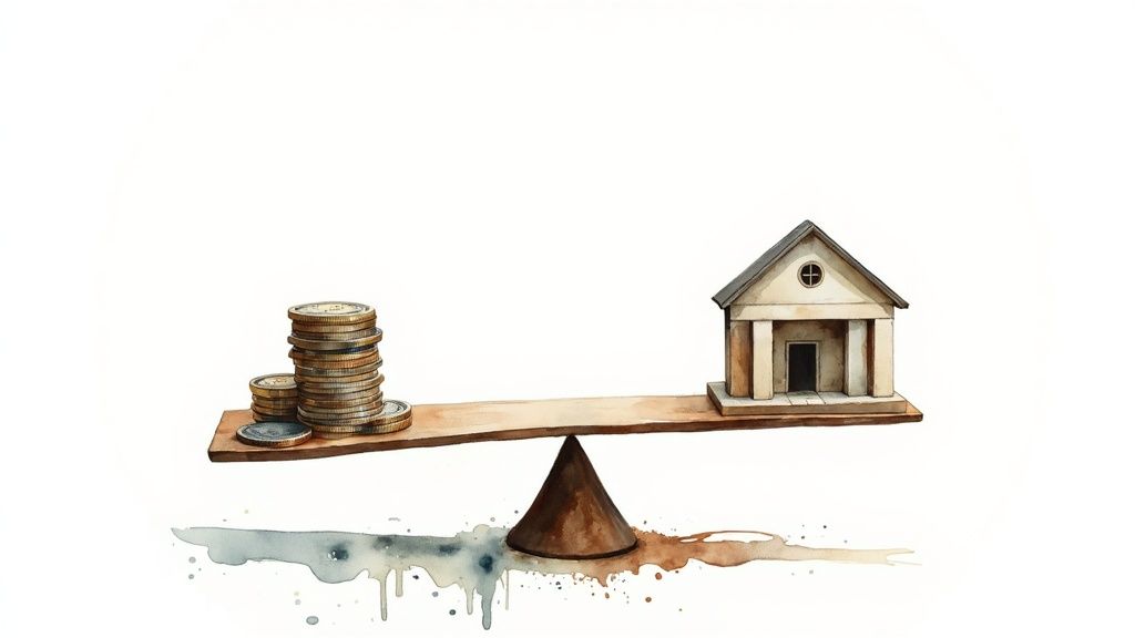 A weighing scale balancing a small pile of coins against a larger pile, suggesting a comparison of value.