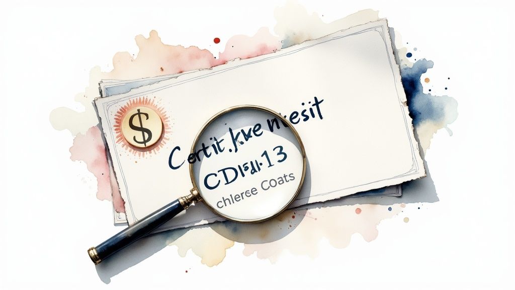 A hand holding a certificate of deposit with a magnifying glass over it, symbolizing scrutiny of its details.