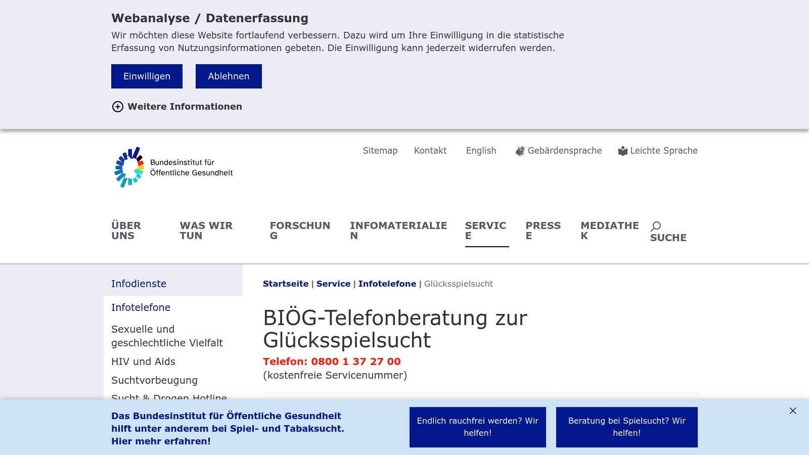 BZgA – Telefonberatung Glücksspielsucht
