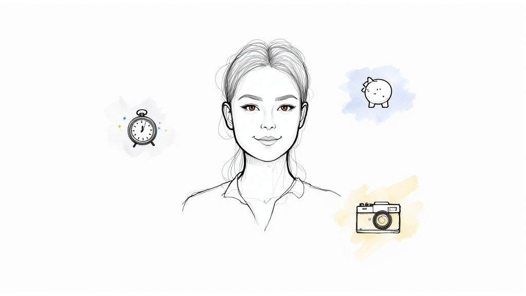 A professional woman with glasses smiling, an example of a high-quality AI-generated headshot.