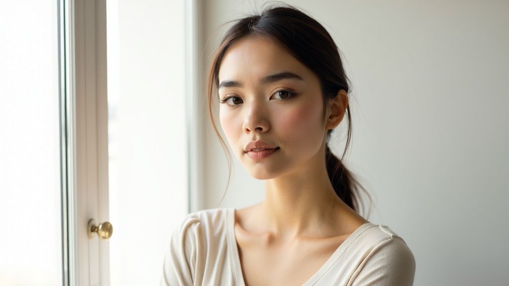 A person positioned near a large window, using the natural light for a headshot.