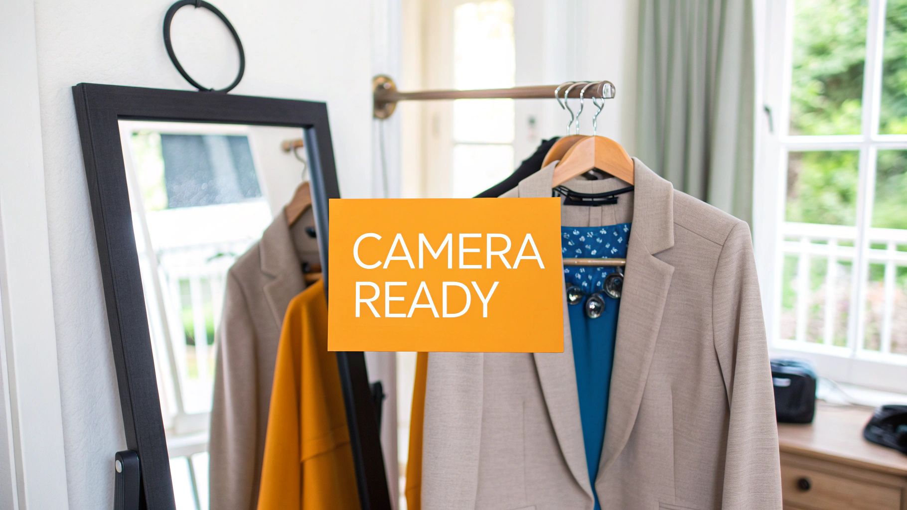 A woman with curly hair smiles while looking through a rack of professional clothing options for her business headshot.