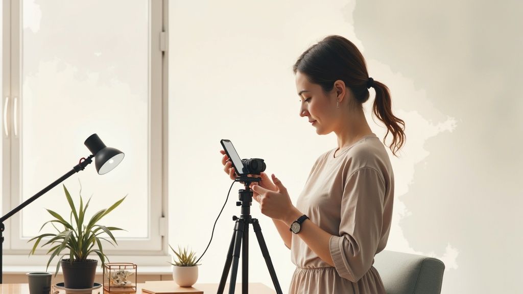 A woman taking a selfie in front of a neutral-colored wall next to a window, demonstrating good natural light.